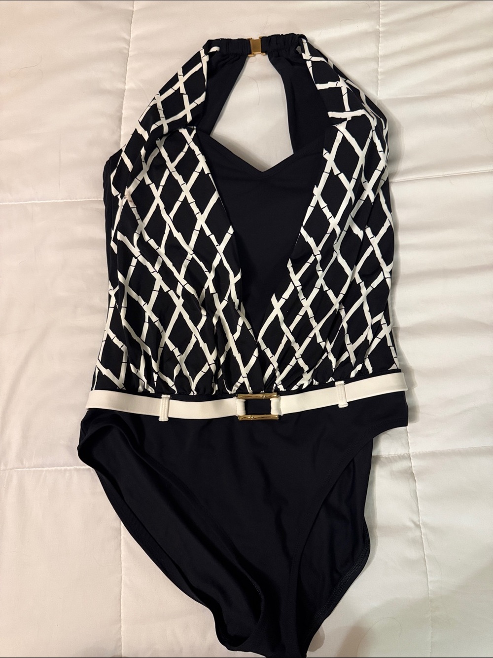 Black One-Piece Swimsuit with White Lattice Print and Belt